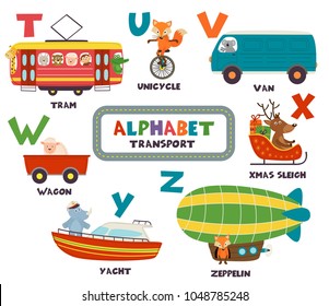 alphabet with transport and animals T to Z - vector illustration, eps