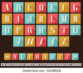 Alphabet in trendy flat design style. ABC letters in three retro colors, capital letters. Easy combine to any phrases. Monochrome variant is added. Vector is EPS8, all elements are grouped.