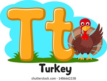 Alphabet turkey waving his wing, the letter Tt on a white. Preschool education.