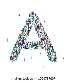  Alphabet, typeface, letter A. Large group of business people, workers, family members and students organised into letter A. Collection of icons made of little busy people.