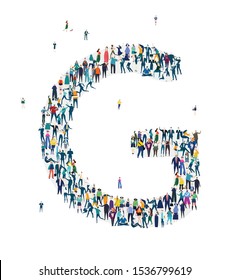  Alphabet, typeface, letter G. Large group of business people, workers, family members and students organised into letter G. Collection of icons made of little busy people.