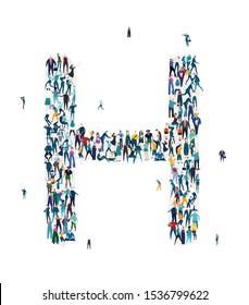  Alphabet, typeface, letter H. Large group of business people, workers, family members and students organised into letter H. Collection of icons made of little busy people.
