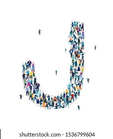  Alphabet, typeface, letter J. Large group of business people, workers, family members and students organised into letter J. Collection of icons made of little busy people.