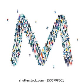 Alphabet, typeface, letter M. Large group of business people, workers, family members and students organised into letter M. Collection of icons made of little busy people.