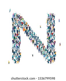  Alphabet, typeface, letter N. Large group of business people, workers, family members and students organised into letter N. Collection of icons made of little busy people.