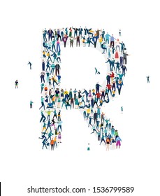  Alphabet, typeface, letter R. Large group of business people, workers, family members and students organised into letter R. Collection of icons made of little busy people.