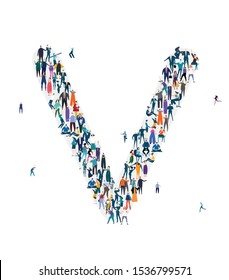  Alphabet, typeface, letter V. Large group of business people, workers, family members and students organised into letter V. Collection of icons made of little busy people.
