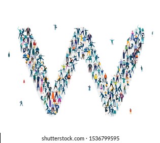  Alphabet, typeface, letter W. Large group of business people, workers, family members and students organised into letter W. Collection of icons made of little busy people.