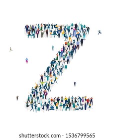  Alphabet, typeface, letter Z. Large group of business people, workers, family members and students organised into letter Z. Collection of icons made of little busy people.