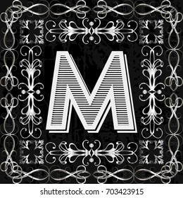 alphabet typeface vintage font and monogram floral lettering label design named m