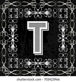 alphabet typeface vintage font and monogram floral lettering label design named t
