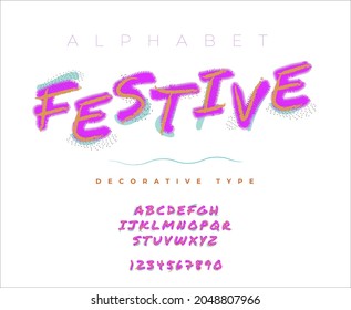alphabet typography for festive poster. decorative style concept. memphis style on typeface. Key visual concept with flashy colour. 