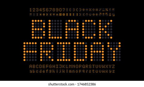 Alphabet typography fonts regular uppercase and lowercase, number, arrow, and symbols. LED yellow digital display style isolated on black background. Vector illustration.