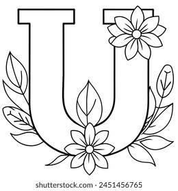 Alphabet U coloring page with the flower, U letter digital outline floral coloring page, ABC coloring page