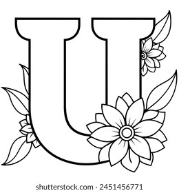 Alphabet U coloring page with the flower, U letter digital outline floral coloring page, ABC coloring page