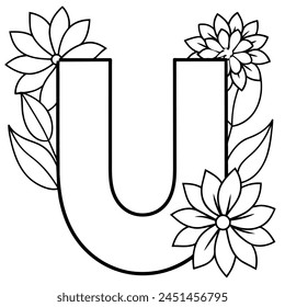 Alphabet U coloring page with the flower, U letter digital outline floral coloring page, ABC coloring page