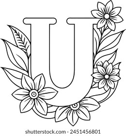 Alphabet U coloring page with the flower, U letter digital outline floral coloring page, ABC coloring page