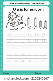 Alphabet u exercise with cartoon vocabulary for coloring book illustration, vector