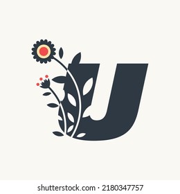 Alphabet U logo design vector template illustration with flowers