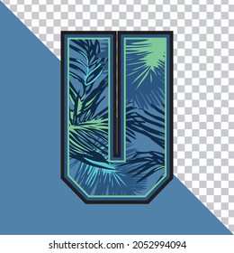 Alphabet U Made of Exotic Tropical Leaves vector Illustration with transparent background. Creative Text effect 'U' letter Graphic Design.