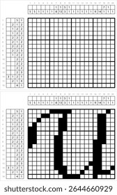 Alfabeto U Nonogram Pixel Art, Caractere U, Letra Linguística Graphemes Símbolo Vetor Arte Ilustração, Lógica Puzzle Game Griddlers, Pic-A-Pix, Pintura De Imagem Por Números, Picross
