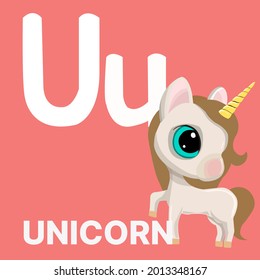 Alphabet U, U for unicorn. Vector illustration of educational alphabet card cartoon character for kids.