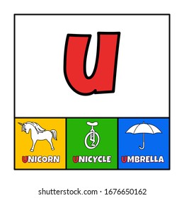 Alphabet u words for kids learning English vocabulary