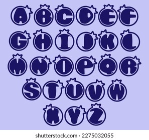 Alphabet uppercase in beet blueberry shapes. Isolated vector illustration in blueberry shapes. English alphabet capital letters of blueberry. Colorful letters vector alphabet set on blueberry shapes