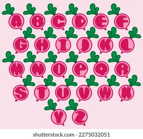 Mayúsculas de los alfabetos en formas de raíz de remolacha. Ilustración vectorial aislada en formas raíz de remolacha. Letra inglesa mayúscula de la raíz de remolacha. Alfabeto vectorial de letras coloridas establecido en formas raíz de remolacha