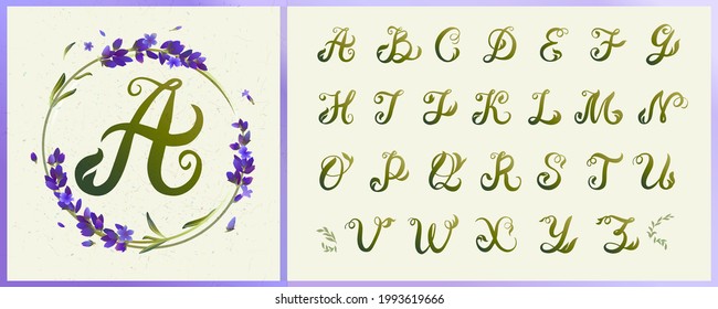 alphabet uppercase letters from green leaves, wreath of lavender flowers. 