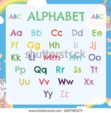 Alphabet uppercase and lowercase letters. Exercise for children to recognize the alphabet. Educational sheet for preschool. English typography abc colorful letters