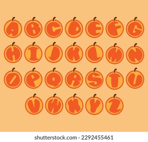 Alphabet uppercase in orange shapes. Isolated vector illustration in orange shapes. English alphabet capital letters of orange. Colorful letters vector alphabet set on orange shapes