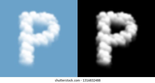 Alphabet uppercase set letter P, Cloud or smoke pattern, illustration isolated float on blue sky background, with opacity mask, vector eps 10
