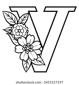 Alphabet V coloring page with the flower, V letter digital outline floral coloring page, ABC coloring page