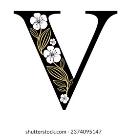 Alphabet V flower font made of paint floral. Luxury design. Sweet collection for wedding invites decoration card and other concept ideas. For logo, cards, branding, etc. vector illustration