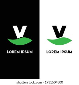 Alphabet V with green leaf, A unique brand identity for your brand. Complete set of alphabets.
