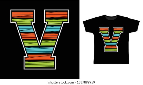 Alphabet V Letter t-shirt and apparel trendy awesome design with art shape orange, green, turquoise and white, good for T-shirt graphics, poster, print and other uses.