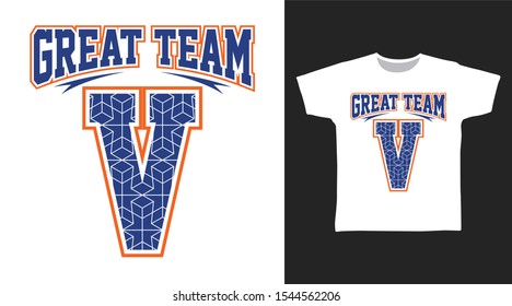 Alphabet V Letter t-shirt Team and apparel trendy awesome design with art shape, good for T-shirt graphics, poster, print and other uses.