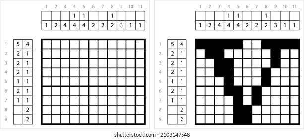 Alphabet V Lowercase Nonogram Pixel Art, Character V, Language Letter Graphemes Symbol Vector Art Illustration, Logic Puzzle Game Griddlers, Pic-A-Pix, Picture Paint By Numbers, Picross