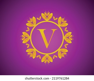 Alphabet V luxury logo design with gold color gradation and gold leaf circle suitable for bathing, hotel, beauty and grooming. against a violet VelVet background.