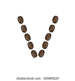 Alphabet "V" made of roasted coffee bean, isolated  