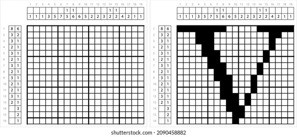 Alfabeto V Arte De Píxel No-Gráfica, Carácter V, Letra Lingüística Símbolo Ilustración De Arte Vector, Griddlers De Juego De Rompecabezas Lógico, Pic-A-Pix, Dibujo De Imágenes Por Números, Picross