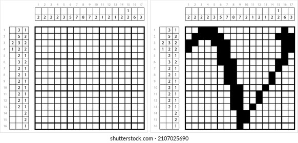 Alphabet V Nonogram Pixel Art, Character V, Language Letter Graphemes Symbol Vector Art Illustration, Logic Puzzle Game Griddlers, Pic-A-Pix, Picture Paint By Numbers, Picross