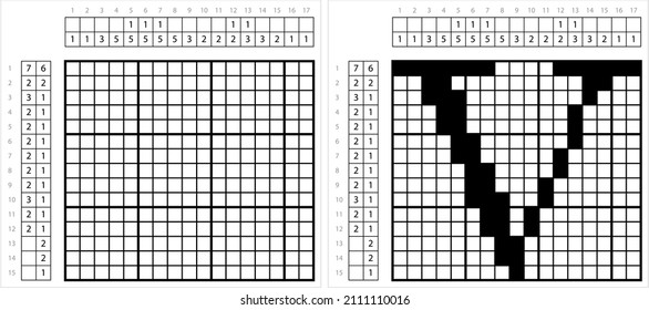 Alphabet V Nonogram Pixel Art, Character V, Language Letter Graphemes Symbol Vector Art Illustration, Logic Puzzle Game Griddlers, Pic-A-Pix, Picture Paint By Numbers, Picross