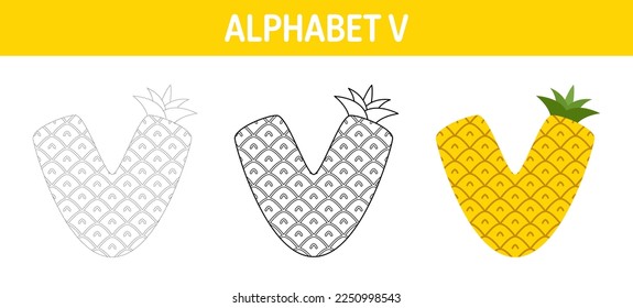 Hoja de cálculo de seguimiento y coloreado del alfabeto V para niños