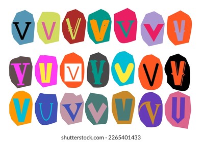 Alphabet V- vector cut newspaper and magazine letters, paper style ransom note letter