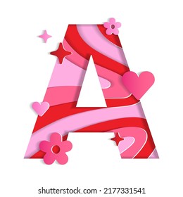 A Alphabet Valentines Day Love Abstract Character Font Letter Paper Lively Flower Heart Sparkle Shine Red Pink Mountain Geography Contour Map 3D Layer Paper Cutout Card Web Banner Vector Illustration