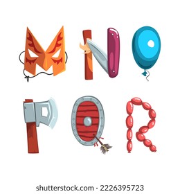 Alphabet with various objects. M,N,O,P,Q,R creative cartoon letters made of axe, mask, sausagrs, knife, shield vector illustration