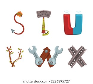 Alphabet with various objects. S,T,U,V,W,X creative cartoon letters made of branches, magnet, wrenches, hammer vector illustration
