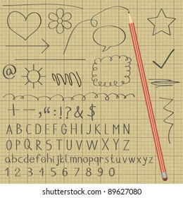 Alphabet and various symbols with lead graphite pencil on graph paper Alpabet, nymbers, symbols and scribbles with lead graphite pencil effect on graph paper.